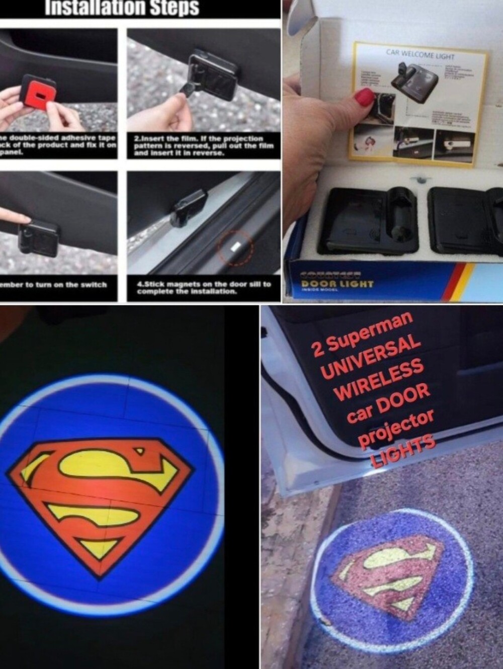 2 Universal Fit Wireless Superman Projection Door LED lights Easy To Install
